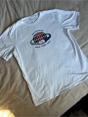 Saturdays New York City White Tee with Red & Navy Globe Graphic